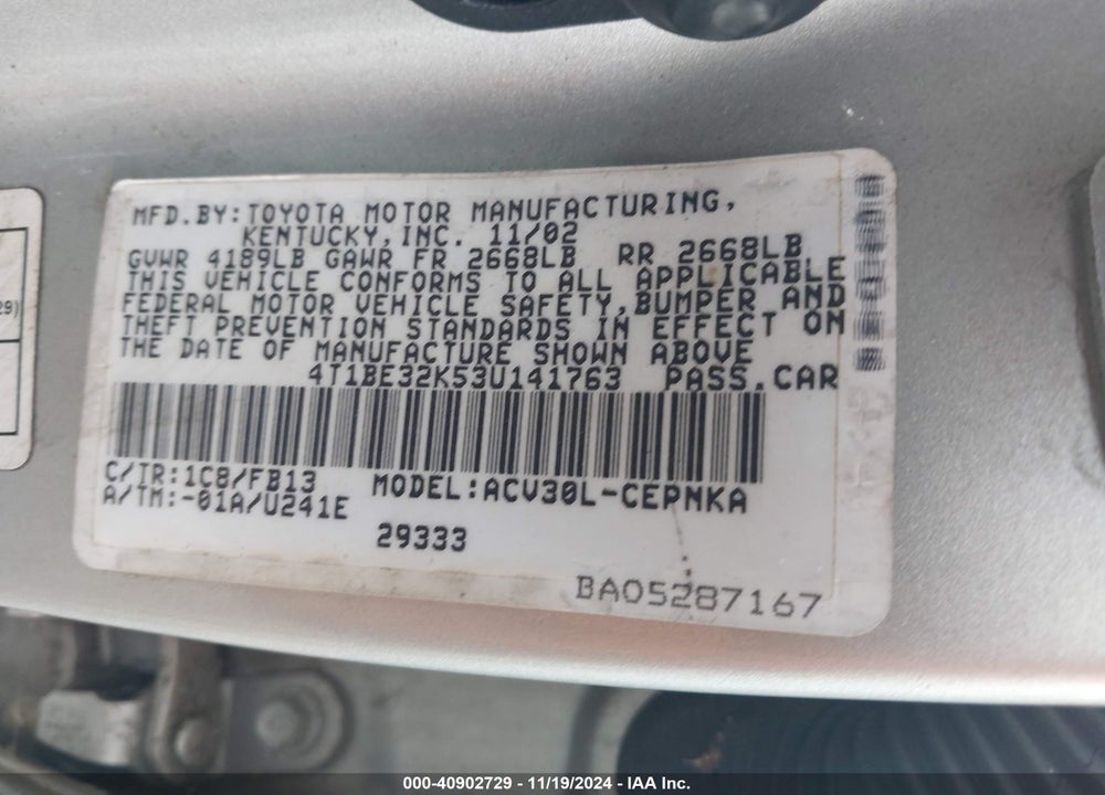 2003 TOYOTA CAMRY LE VIN: 4T1BE32K53U141763