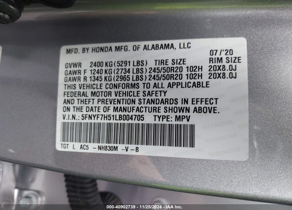 2020 HONDA PASSPORT 2WD EX-L VIN: 5FNYF7H51LB004705