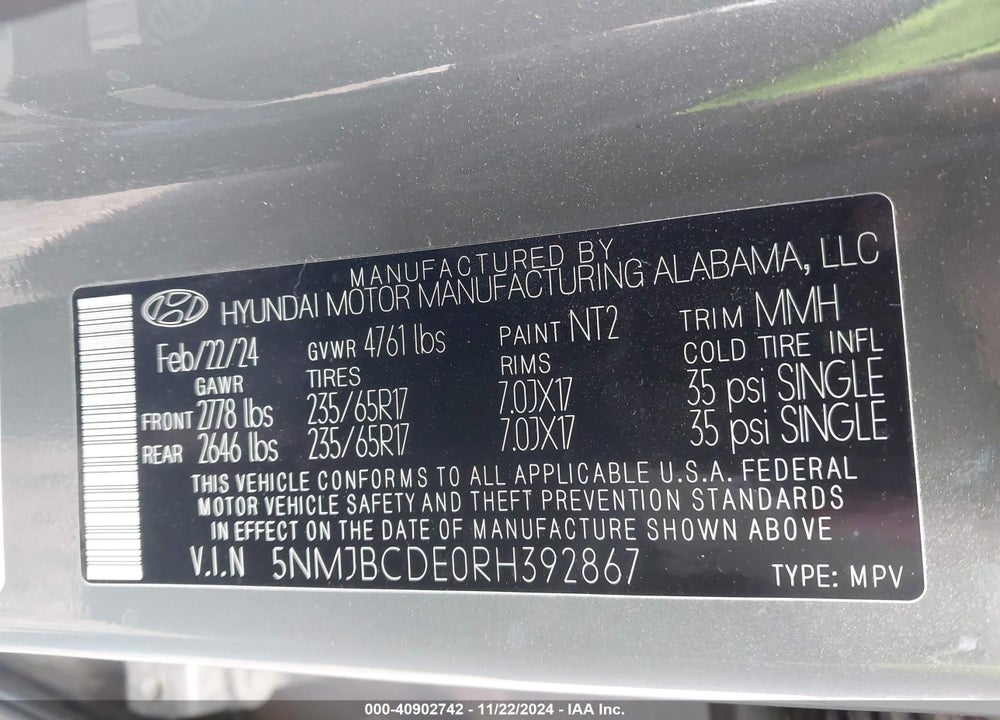 2024 HYUNDAI TUCSON SEL VIN: 5NMJBCDE0RH392867