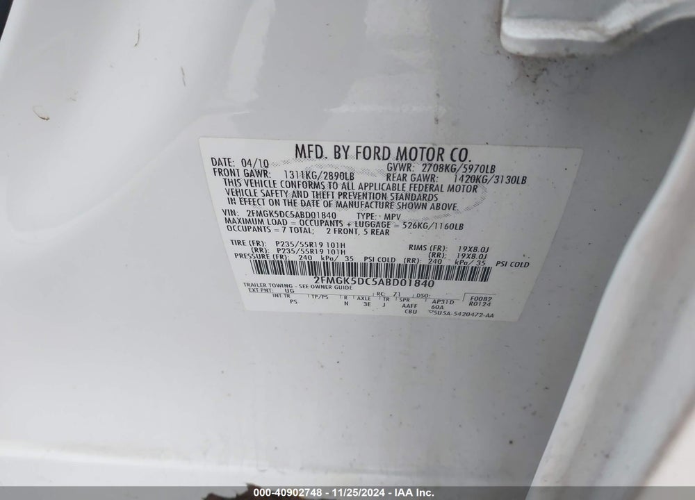 2010 FORD FLEX LIMITED VIN: 2FMGK5DC5ABD01840