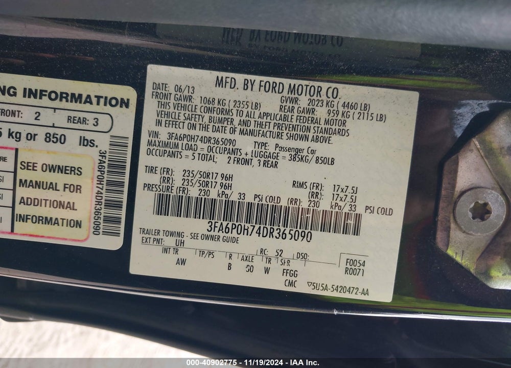 2013 FORD FUSION SE VIN: 3FA6P0H74DR365090