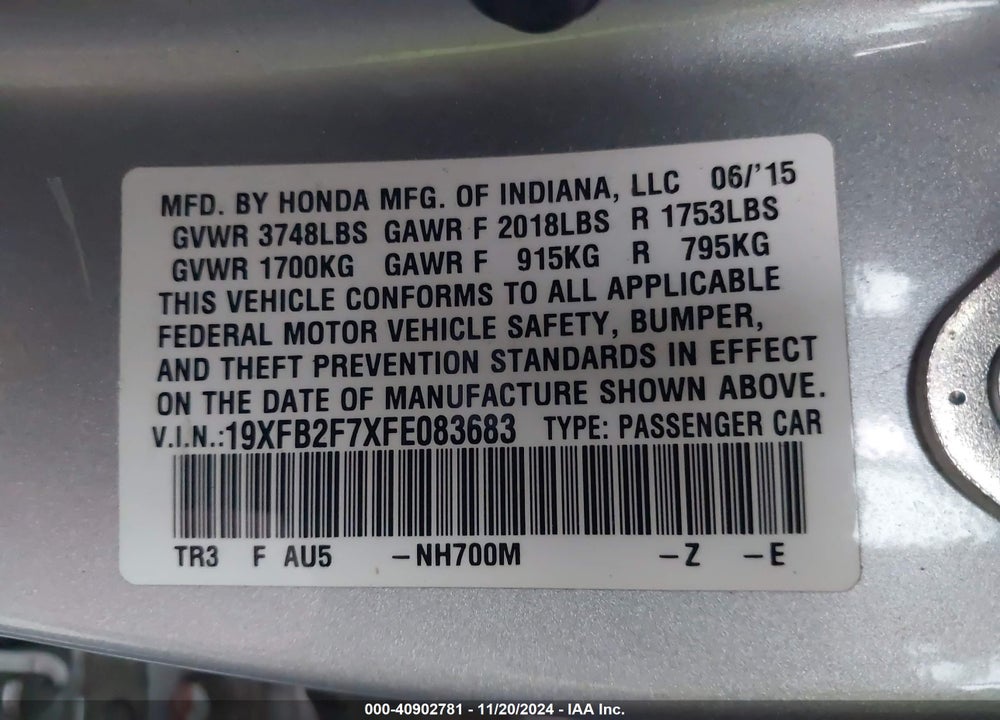 2015 HONDA CIVIC SE VIN: 19XFB2F7XFE083683
