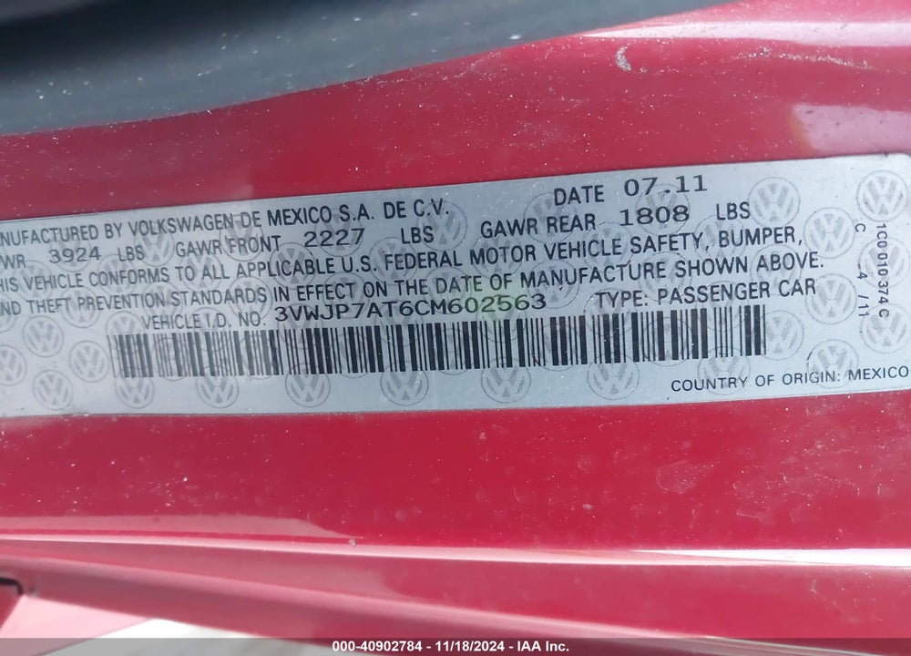 2012 VOLKSWAGEN BEETLE 2.5L VIN: 3VWJP7AT6CM602563