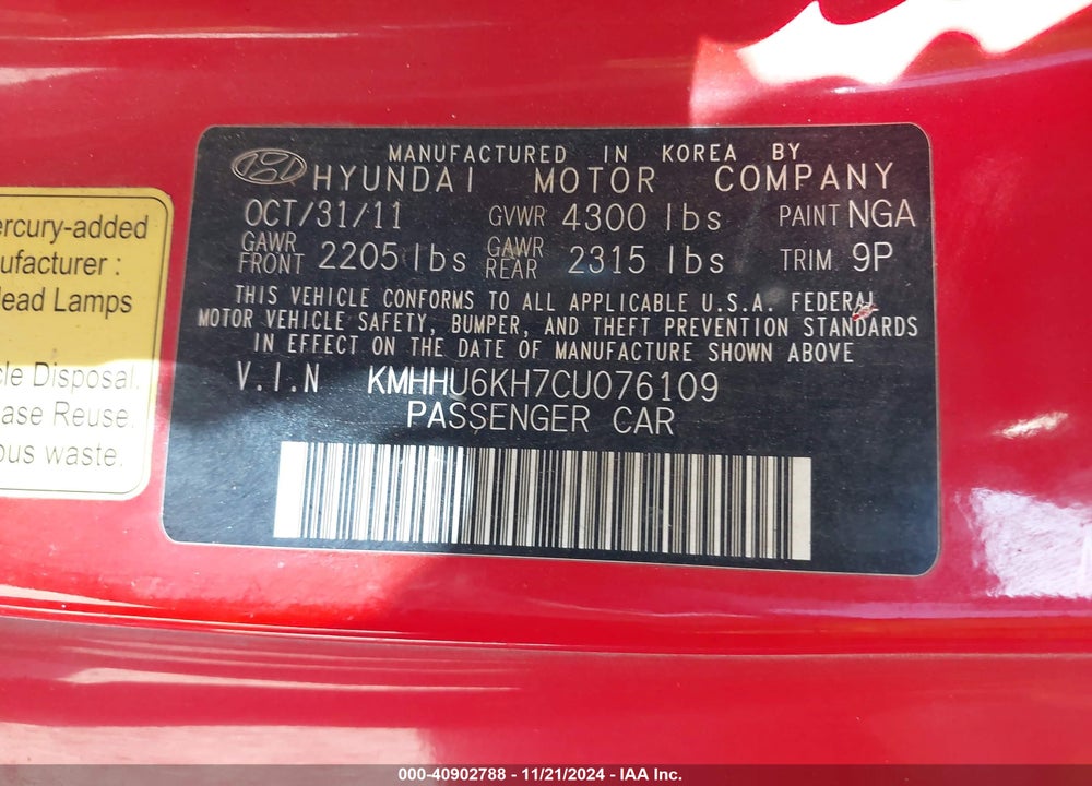 2012 HYUNDAI GENESIS 3.8 TRACK VIN: KMHHU6KH7CU076109