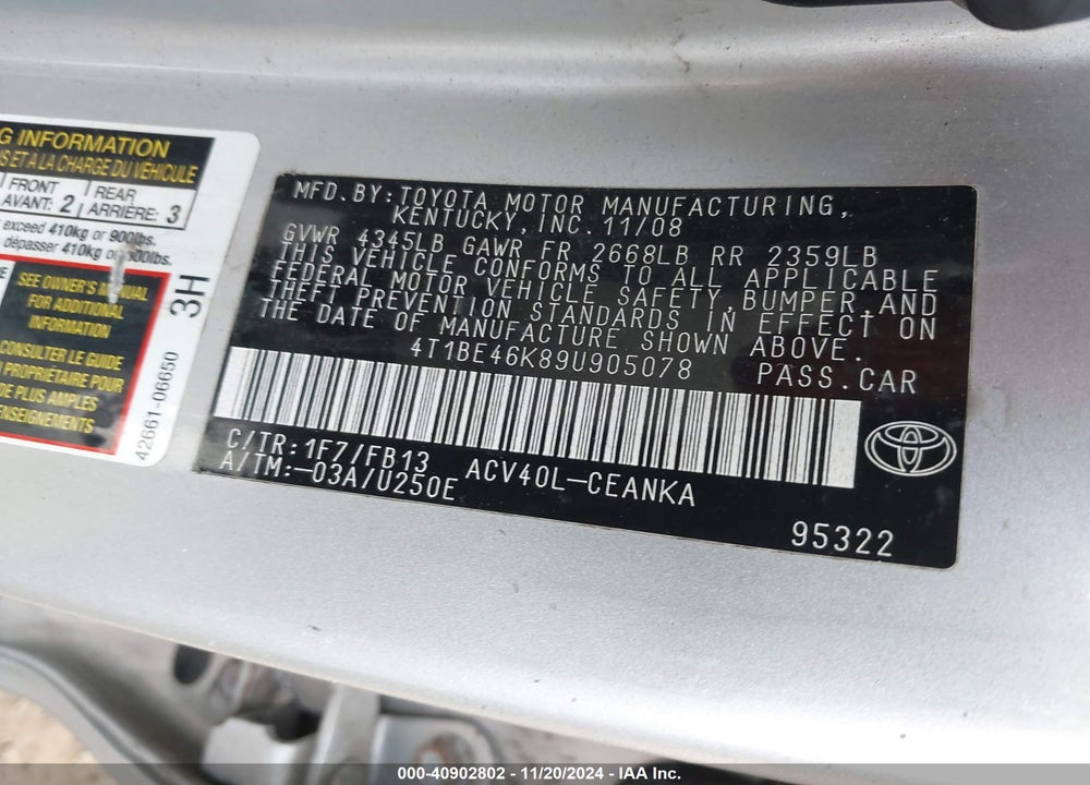 2009 TOYOTA CAMRY LE VIN: 4T1BE46K89U905078