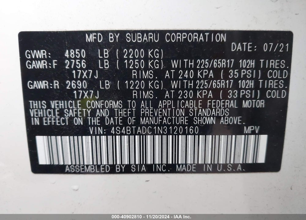 2022 SUBARU OUTBACK PREMIUM VIN: 4S4BTADC1N3120160
