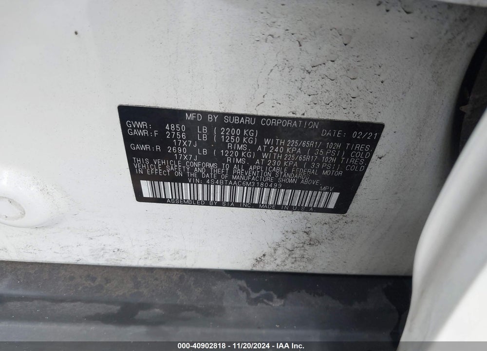 2021 SUBARU OUTBACK VIN: 4S4BTAAC6M3180499