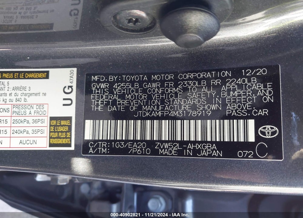 2021 TOYOTA PRIUS PRIME VIN: JTDKAMFP4M3178919