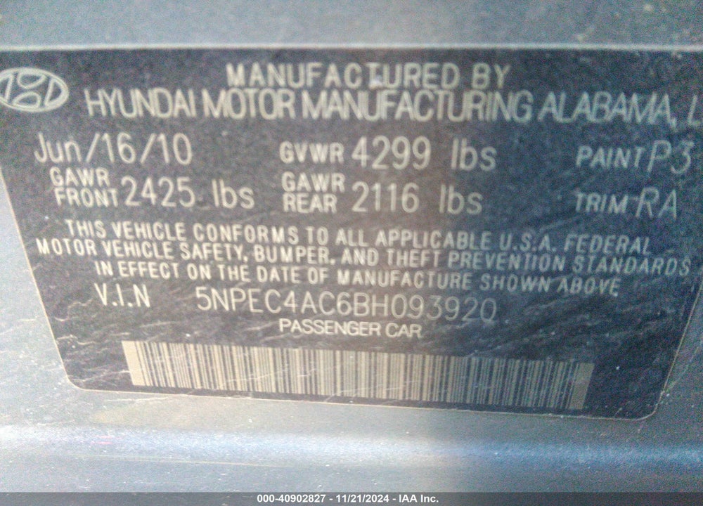 2011 HYUNDAI SONATA SE VIN: 5NPEC4AC6BH093920