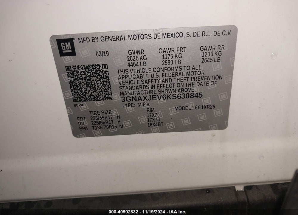 2019 CHEVROLET EQUINOX LT VIN: 3GNAXJEV6KS630845