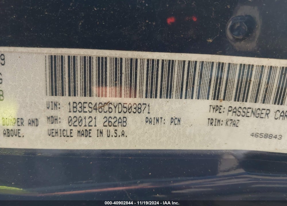 2000 DODGE NEON HIGHLINE VIN: 1B3ES46C6YD503871