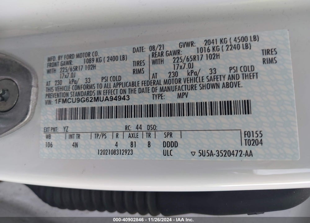2021 FORD ESCAPE SE VIN: 1FMCU9G62MUA94943