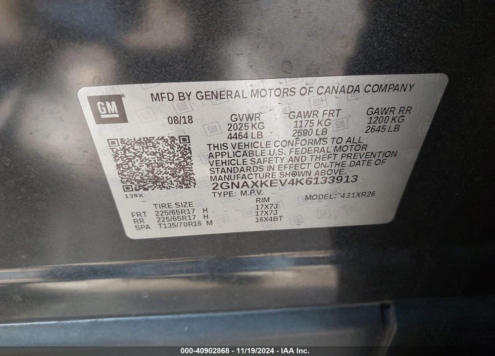 2019 CHEVROLET EQUINOX LT VIN: 2GNAXKEV4K6133913