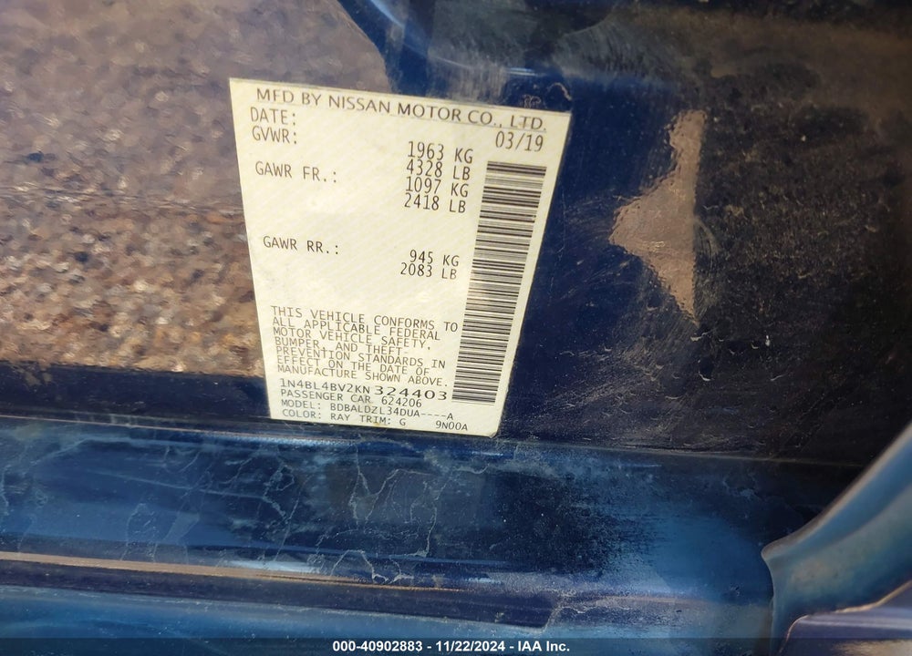 2019 NISSAN ALTIMA 2.5 S VIN: 1N4BL4BV2KN324403