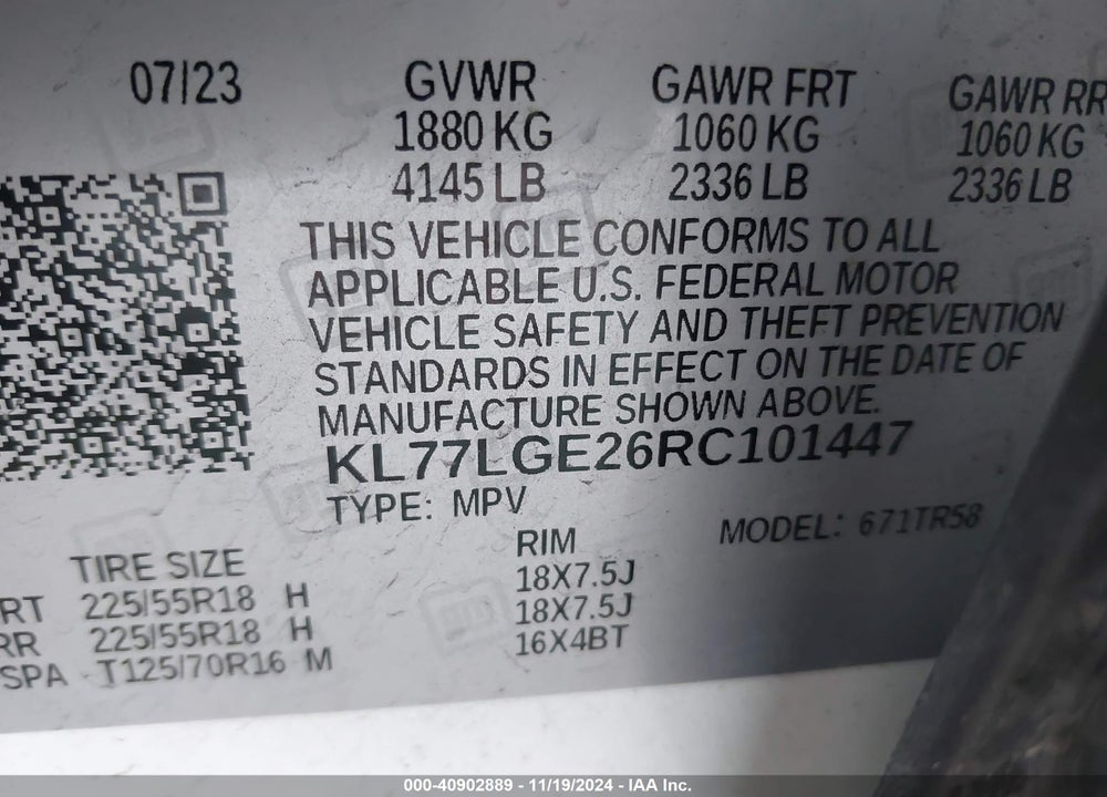 2024 CHEVROLET TRAX FWD 1RS VIN: KL77LGE26RC101447