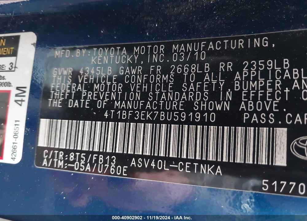 2011 TOYOTA CAMRY VIN: 4T1BF3EK7BU591910