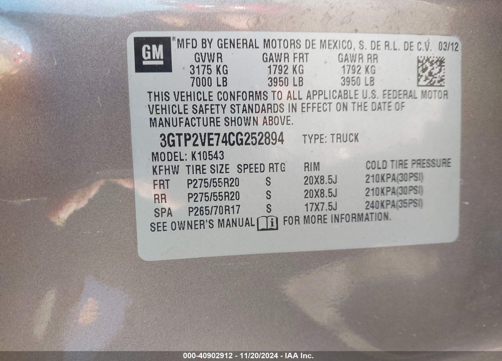 2012 GMC SIERRA 1500 SLE VIN: 3GTP2VE74CG252894