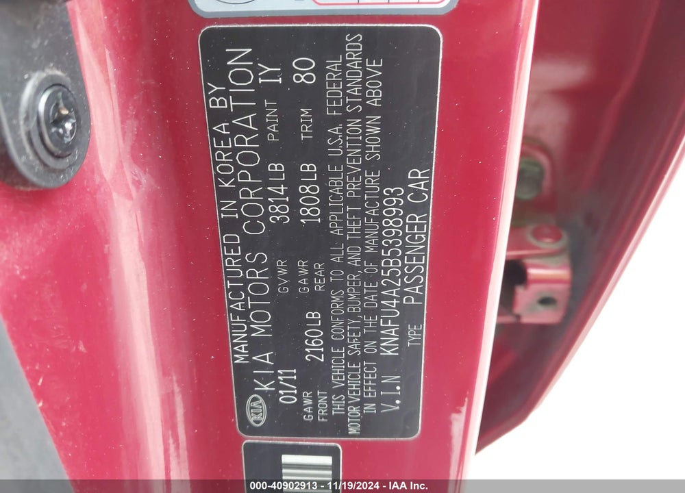 2011 KIA FORTE EX VIN: KNAFU4A25B5398993