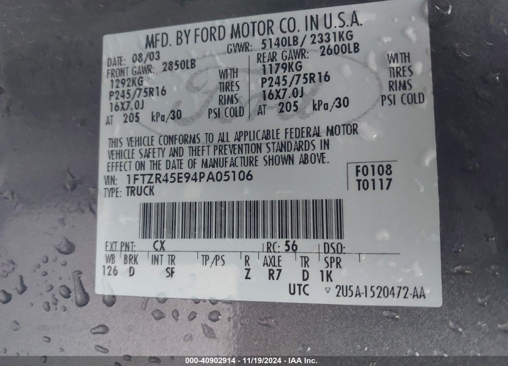 2004 FORD RANGER EDGE/TREMOR/XLT VIN: 1FTZR45E94PA05106