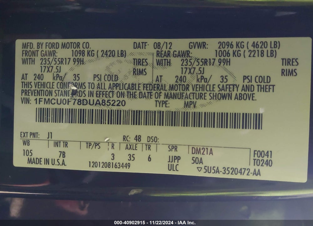 2013 FORD ESCAPE S VIN: 1FMCU0F78DUA85220