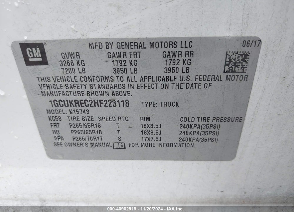 2017 CHEVROLET SILVERADO 1500 2LT VIN: 1GCUKREC2HF223118