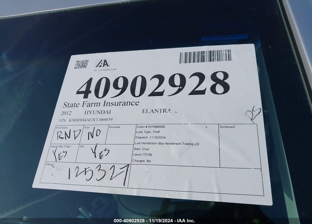 2012 HYUNDAI ELANTRA GLS (ULSAN PLANT) VIN: KMHDH4AE3CU466039