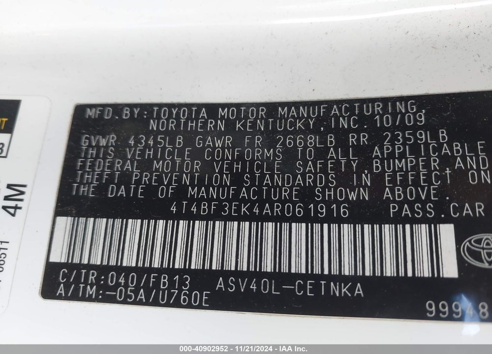 2010 TOYOTA CAMRY LE VIN: 4T4BF3EK4AR061916