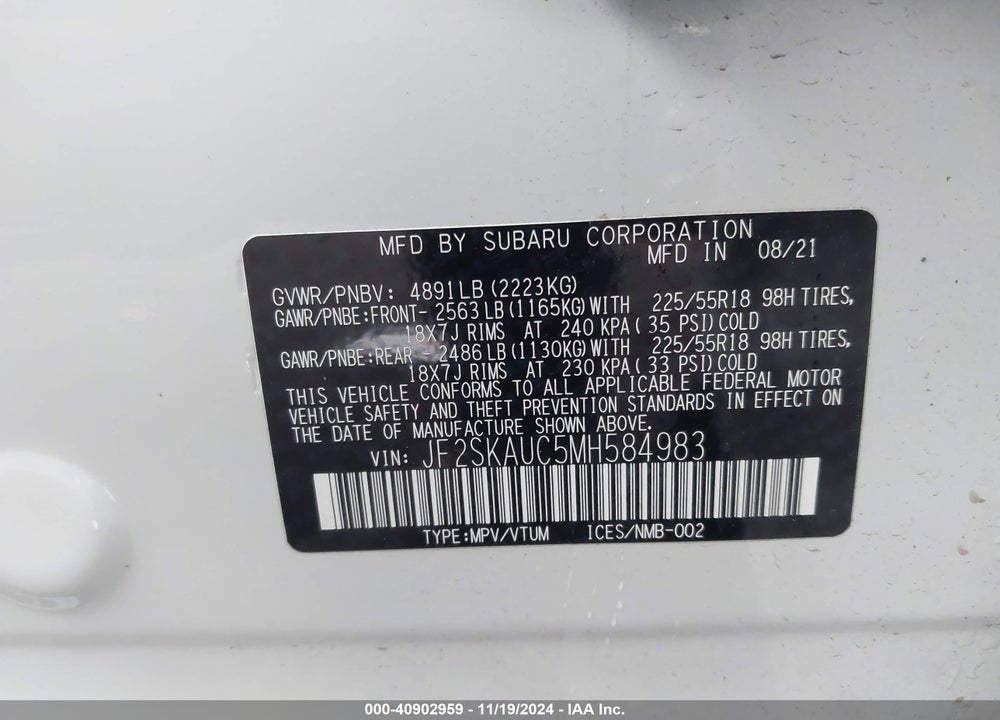 2021 SUBARU FORESTER LIMITED VIN: JF2SKAUC5MH584983