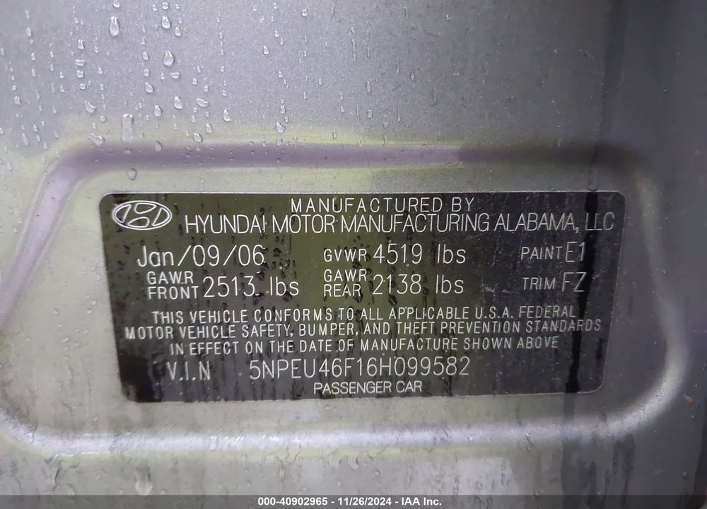 2006 HYUNDAI SONATA GLS V6/LX V6 VIN: 5NPEU46F16H099582