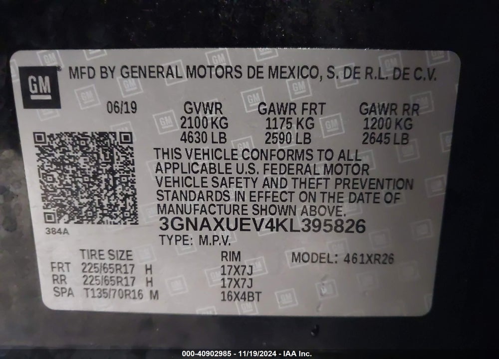 2019 CHEVROLET EQUINOX LT VIN: 3GNAXUEV4KL395826