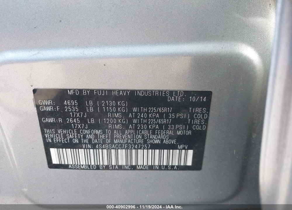 2015 SUBARU OUTBACK 2.5I PREMIUM VIN: 4S4BSACC7F3247257