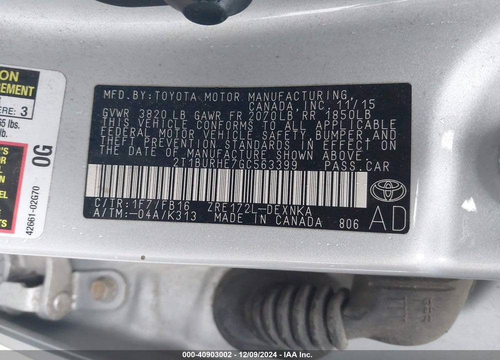 2016 TOYOTA COROLLA VIN: 2T1BURHE7GC563399