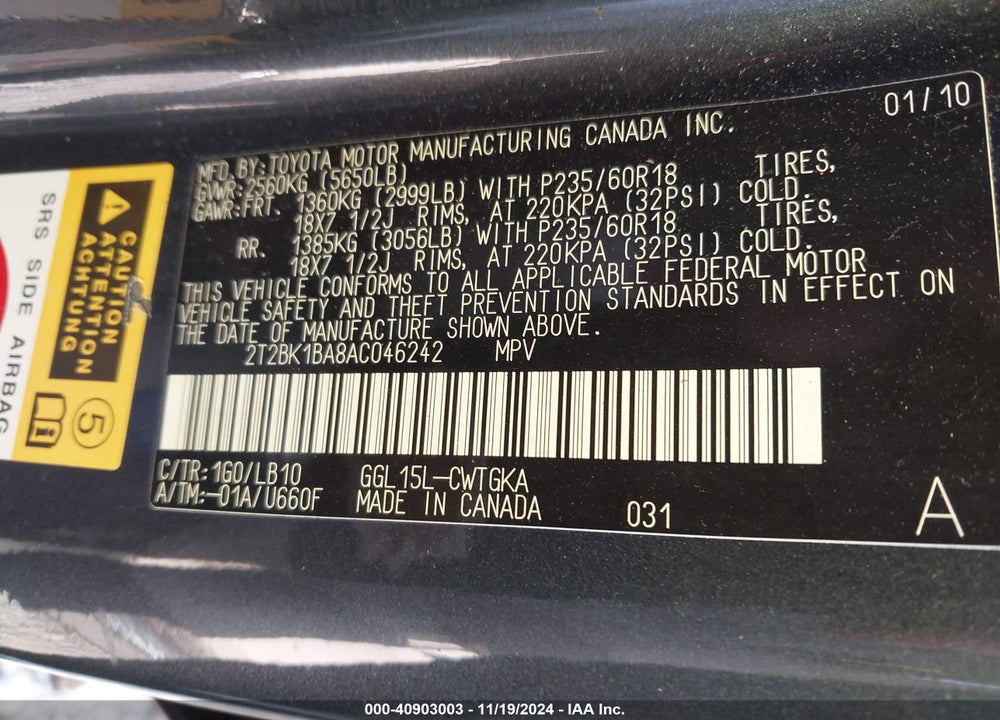 2010 LEXUS RX 350 VIN: 2T2BK1BA8AC046242