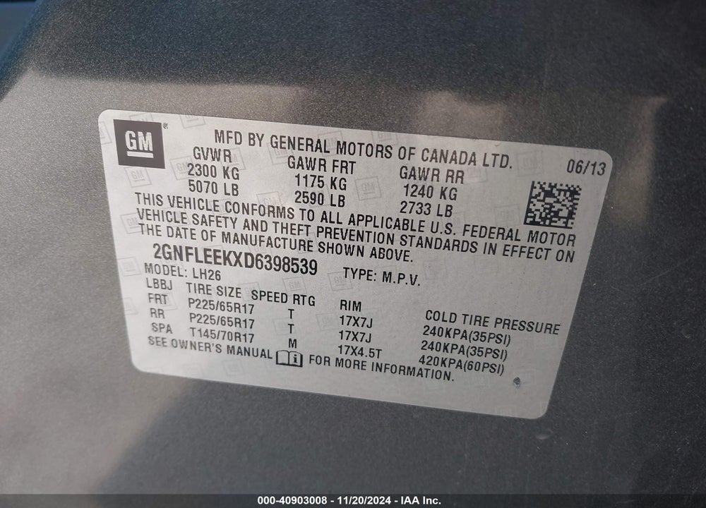 2013 CHEVROLET EQUINOX 1LT VIN: 2GNFLEEKXD6398539