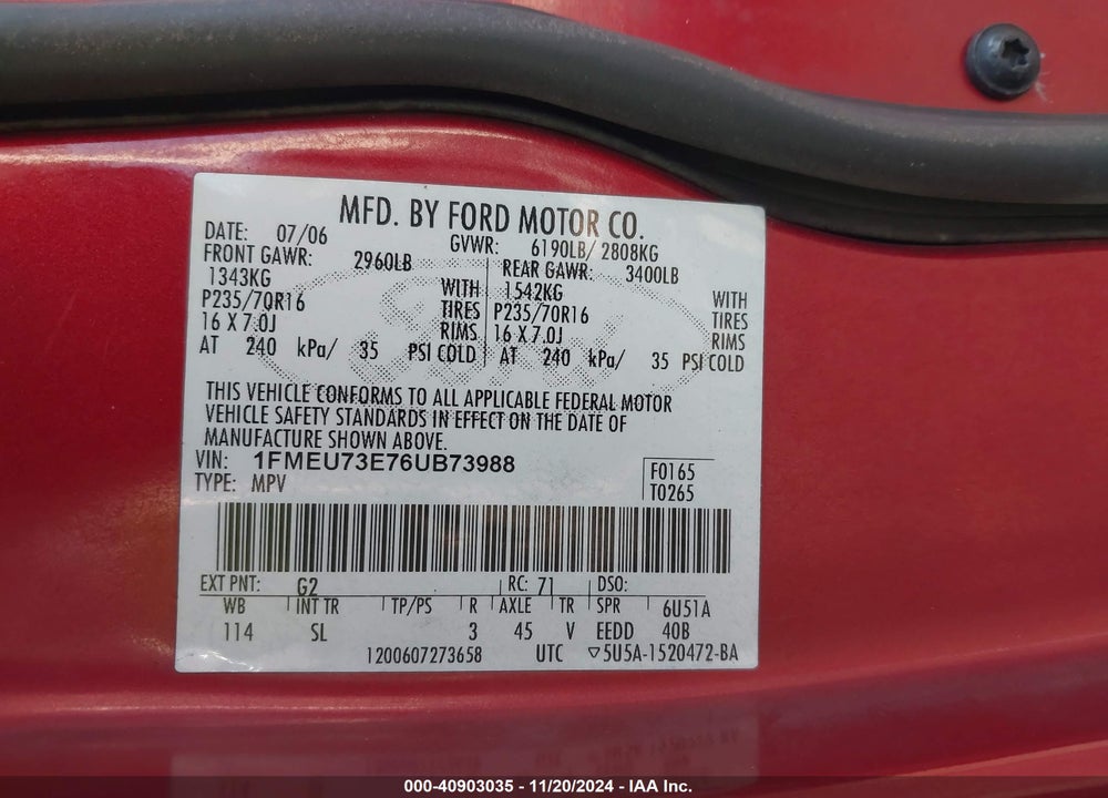 2006 FORD EXPLORER XLT VIN: 1FMEU73E76UB73988