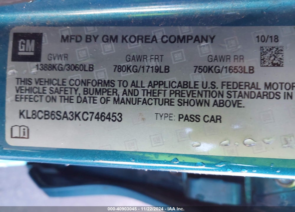 2019 CHEVROLET SPARK LS CVT VIN: KL8CB6SA3KC746453