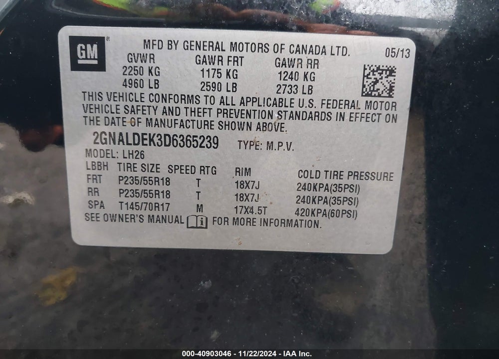 2013 CHEVROLET EQUINOX 1LT VIN: 2GNALDEK3D6365239