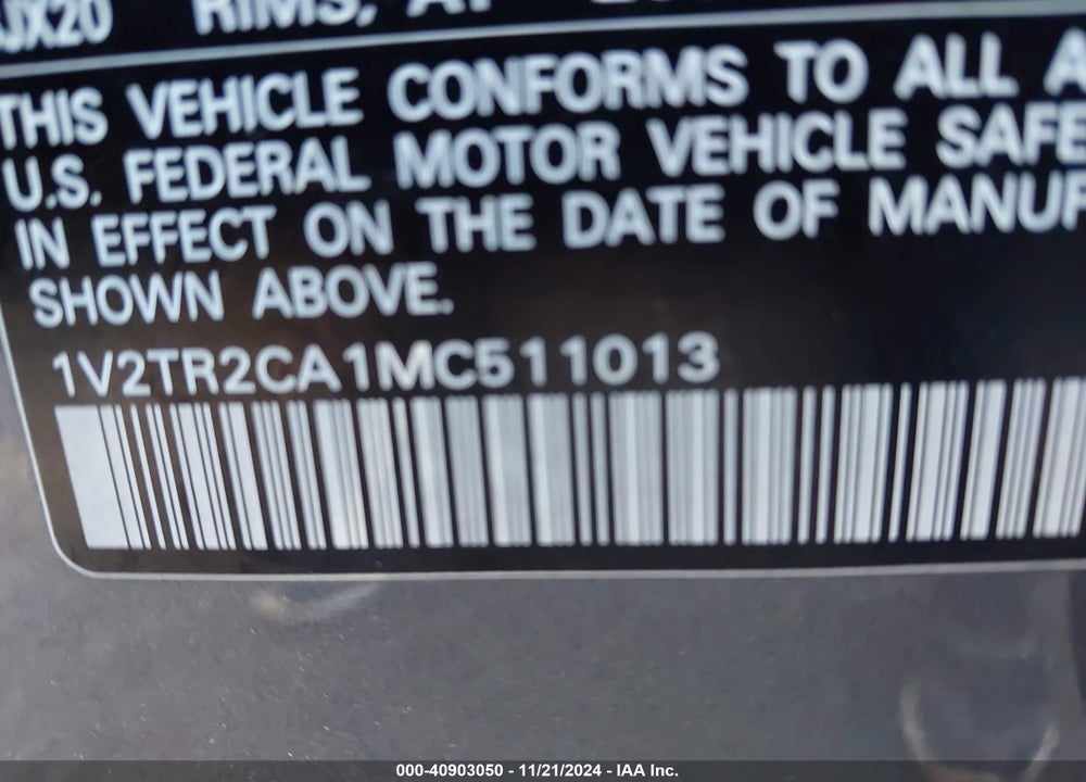 2021 VOLKSWAGEN ATLAS 3.6L V6 SEL PREMIUM VIN: 1V2TR2CA1MC511013