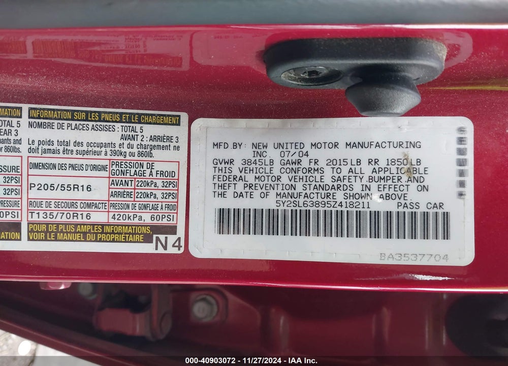 2005 PONTIAC VIBE VIN: 5Y2SL63895Z418211