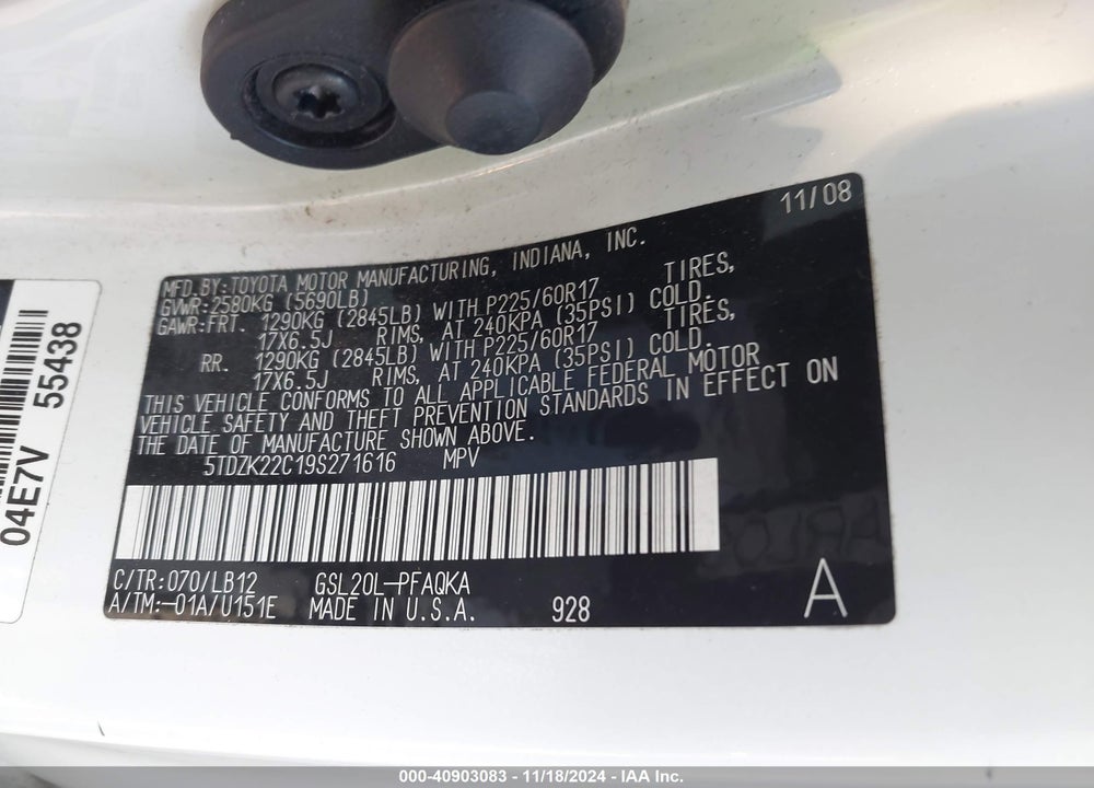 2009 TOYOTA SIENNA LIMITED VIN: 5TDZK22C19S271616