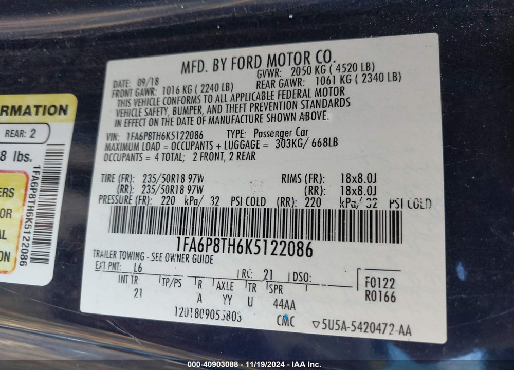 2019 FORD MUSTANG ECOBOOST VIN: 1FA6P8TH6K5122086