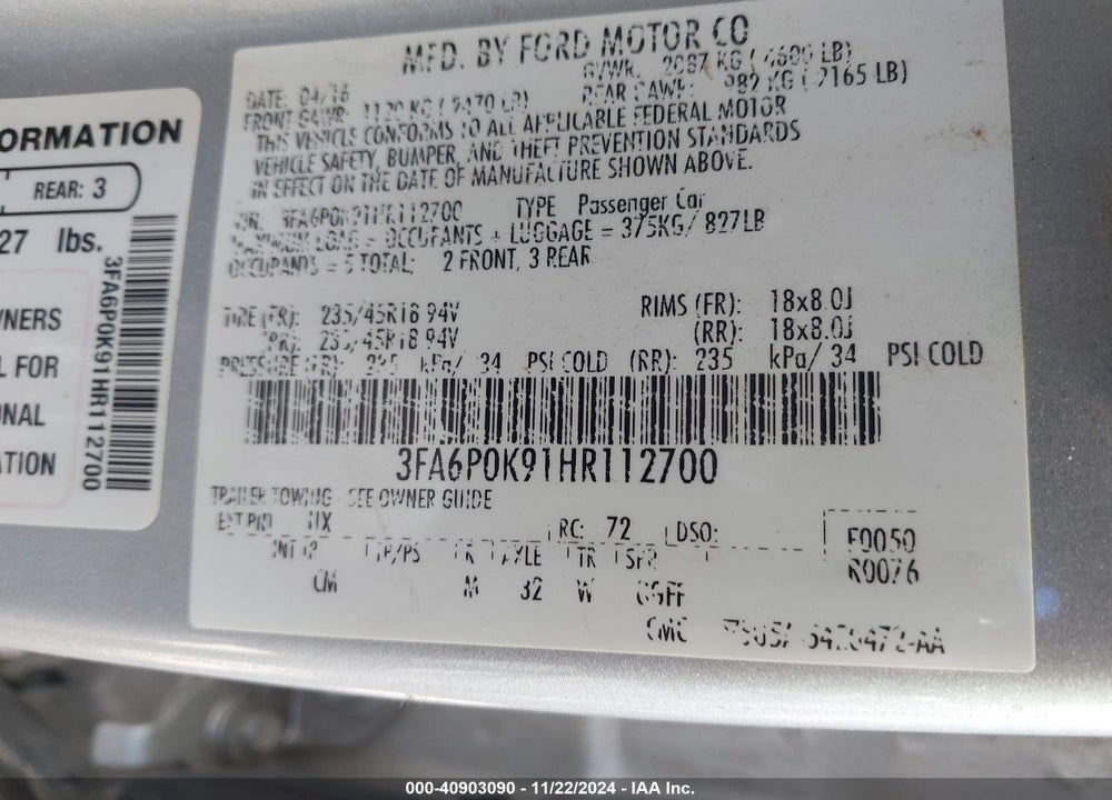 2017 FORD FUSION TITANIUM VIN: 3FA6P0K91HR112700