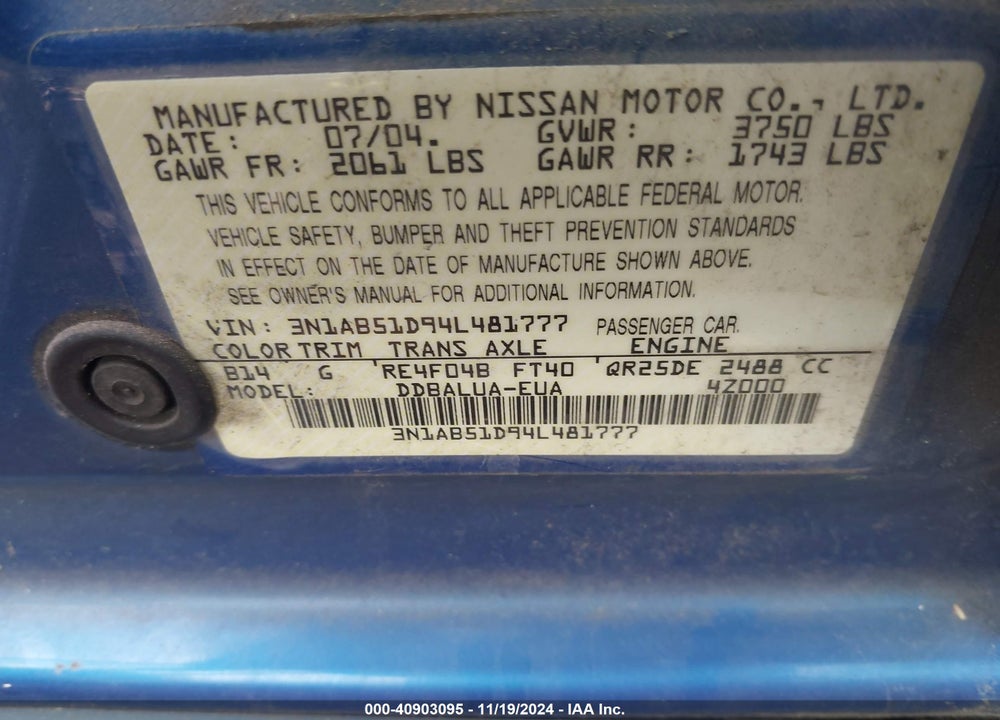 2004 NISSAN SENTRA SE-R VIN: 3N1AB51D94L481777