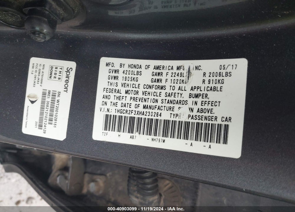 2017 HONDA ACCORD LX VIN: 1HGCR2F3XHA230264