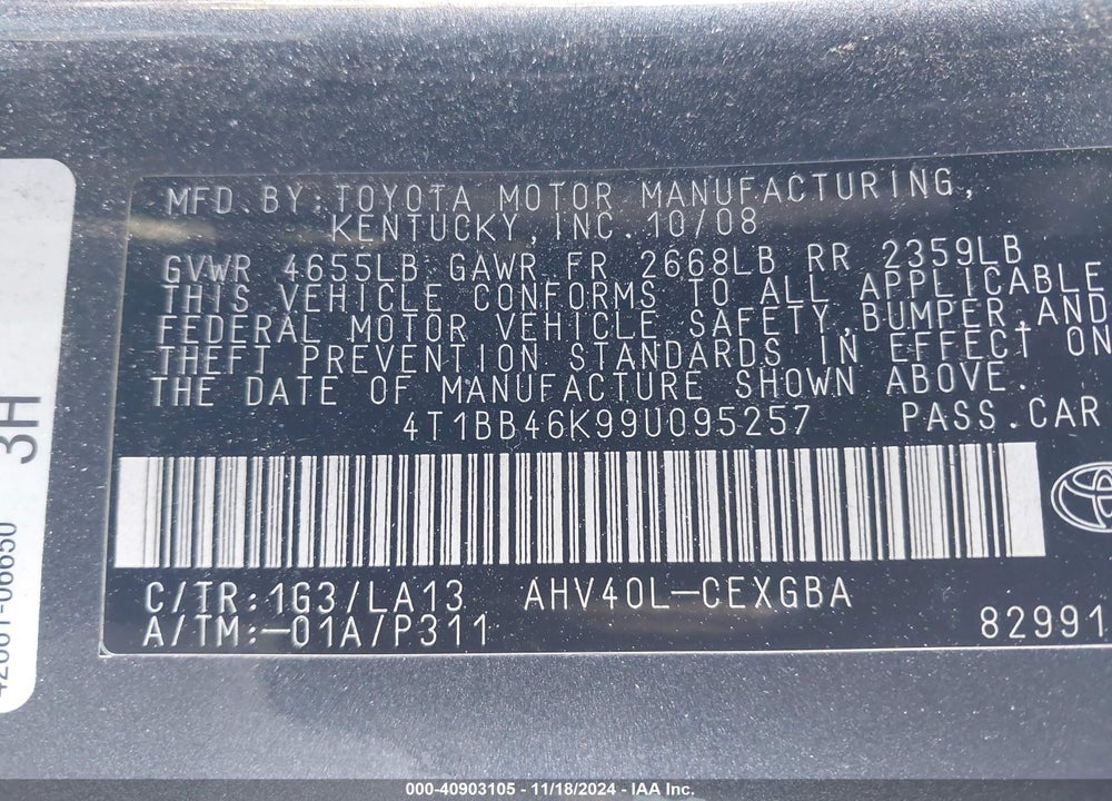 2009 TOYOTA CAMRY HYBRID VIN: 4T1BB46K99U095257