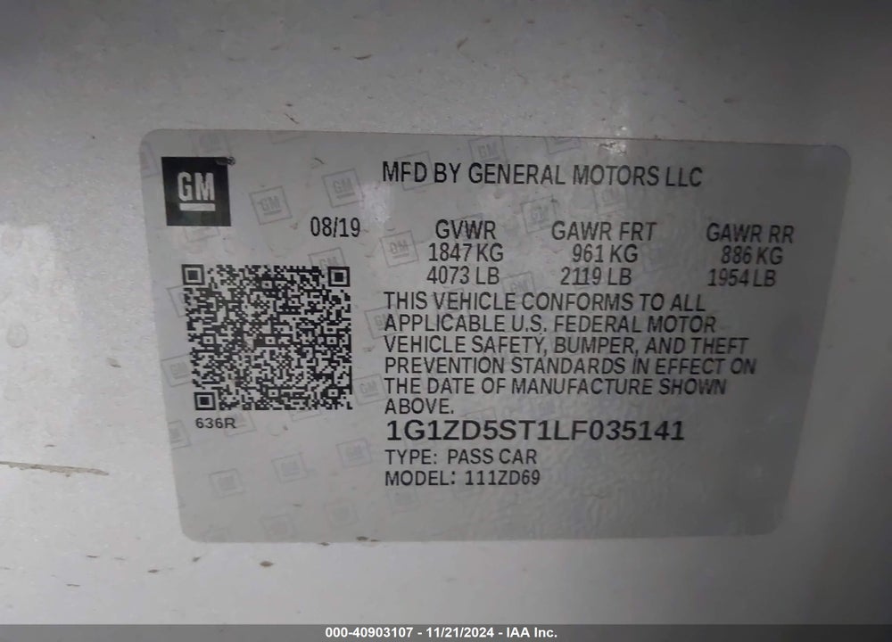 2020 CHEVROLET MALIBU VIN: 1G1ZD5ST1LF035141