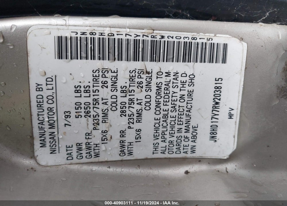 1994 NISSAN PATHFINDER LE/SE/XE VIN: JN8HD17Y7RW203815