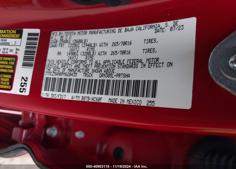 2023 TOYOTA TACOMA TRD OFF ROAD VIN: 3TMCZ5AN8PM620435