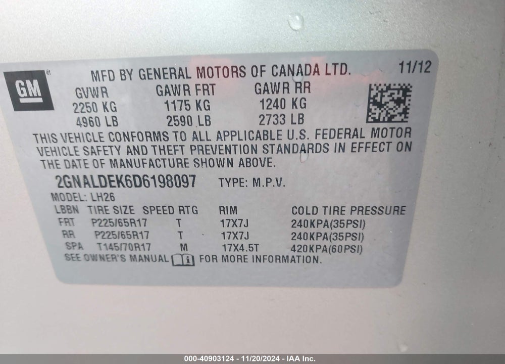 2013 CHEVROLET EQUINOX 1LT VIN: 2GNALDEK6D6198097