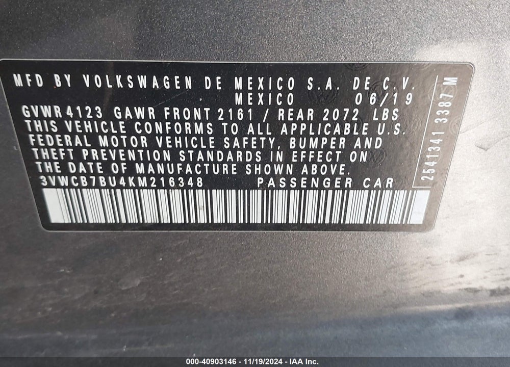 2019 VOLKSWAGEN JETTA 1.4T R-LINE/1.4T S/1.4T SE VIN: 3VWCB7BU4KM216348